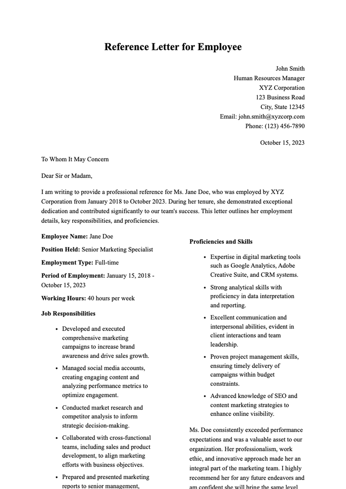 Employment reference letter sample with detailed job responsibilities and supervisor signature_variant_1